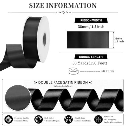 MAYREEL 1.5 inch Black Double Faced Satin Ribbon 50 Yards - color: Black, size: 1-1/2 Inch