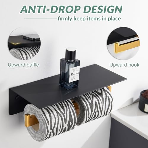 APLusee Double Toilet Paper Holder with Shelf, Black Gold, Wall Mounted - color: Black With Gold, size: Double Rod