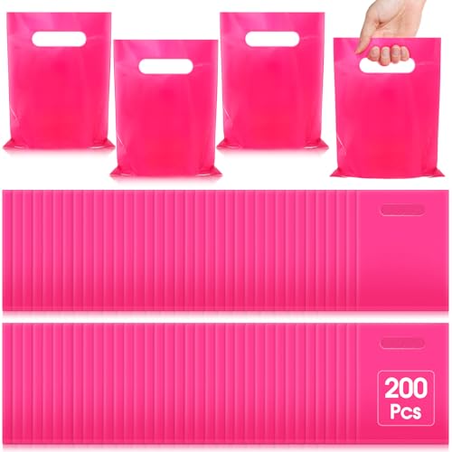 200 Pcs Pink Small Plastic Gift Bags 6"x8" Goodie Bags with Handle - color: Pink