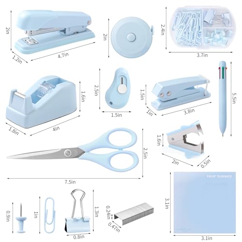 Blue Desk Accessory Kit Cute Office Supplies Set Desktop Stapler Set Includes Staple Remover Hole Punch Tape Dispenser Ballpoint Pen Scissor Mini Box Cutter Tape Measure Paper Clips Sticky Notes - color: Blue