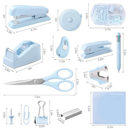 Blue Desk Accessory Kit Cute Office Supplies Set Desktop Stapler Set Includes Staple Remover Hole Punch Tape Dispenser Ballpoint Pen Scissor Mini Box Cutter Tape Measure Paper Clips Sticky Notes - color: Blue