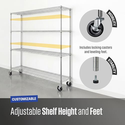 SafeRacks NSF 4-Tier Heavy Duty Steel Wire Rack w/Wheels (18"x72"x72") - color: Silver, size: 18"x72"x72" 4-Tier