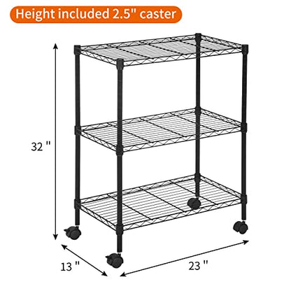 3-Tier Wire Shelving Unit with Wheels, 23 x 13 x 31.3 in, Black - color: Black, size: 3-Tier, 31.3"H × 23"W × 13"D