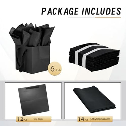 Papertide 12 Pack 6x6x6 inch Black Square Gift Bags with Tissue Ppaper - color: Black