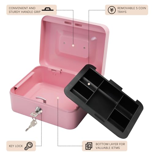 Steel Cash Box with Key Lock, Metal Small Money Organizer with Money Tray,Cash Storage Box with Lockable Cover (Pink - 7.8" x 6.3" x 3.3") - color: Pink - 7.8" x 6.3" x 3.3"
