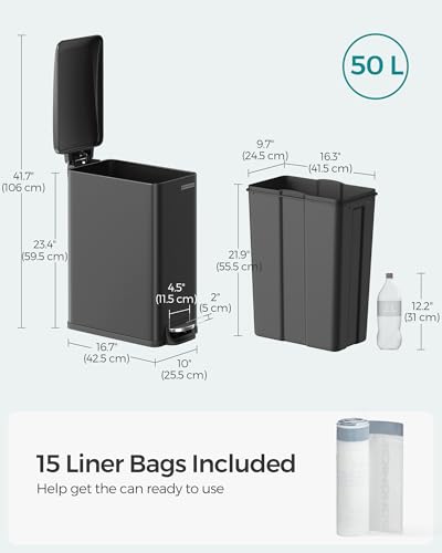 SONGMICS Kitchen Trash Can with Lid, 13-Gallon (50 L) Slim, Stainless Steel - color: Black, style: 13 Gal.