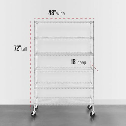 SafeRacks NSF 6-Tier Heavy Duty Steel Wire Rack w/Wheels (18"x48"x72") - color: Silver, size: 18"x48"x72" 6-Tier