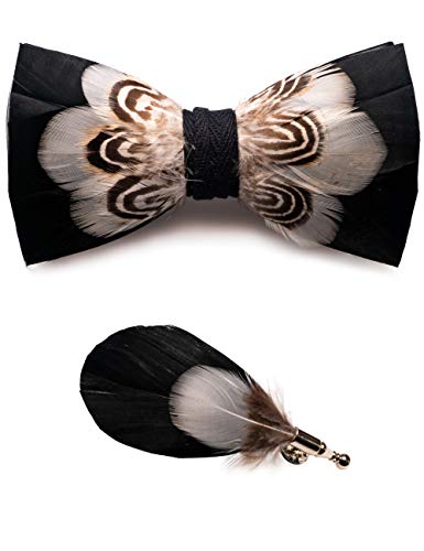 RBOCOTT Handmade Feather Pre-tied Bow tie and Brooch Sets for Men - color: White/Black1
