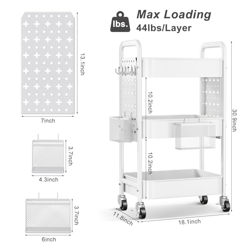 3 Tier White Rolling Storage Cart Metal with DIY Pegboard and Wheels - color: Classic White, size: 3 Tier+Pegboard