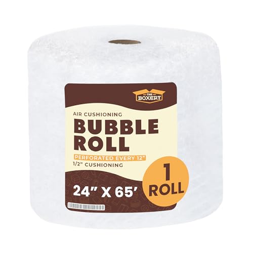 The Boxery 24 in x 65 ft Bubble Roll, Large Bubble 1/2 in Clear Cushioning Wrap, Perforated for Packing Moving Shipping Supplies - size: 24 in x 65 ft
