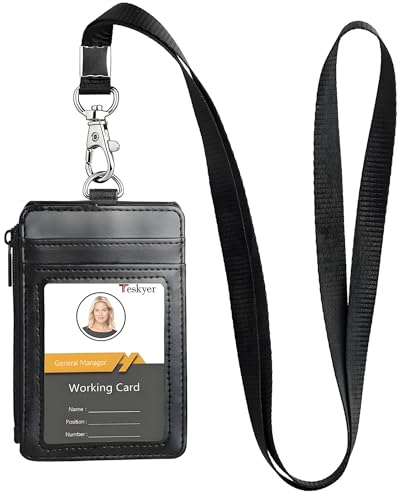 Teskyer Leather ID Badge Holder with Lanyard, Lanyard Wallet, Black - color: Black, size: 3.1" x 4.7"