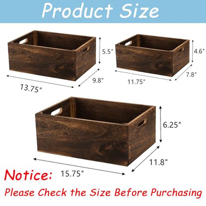 Frcctre Set of 3 Wood Nesting Storage Crates with Handles, Decorative Farmhouse Wooden Crates Storage Containers Rustic Handmade Natural Solid Wood Basket