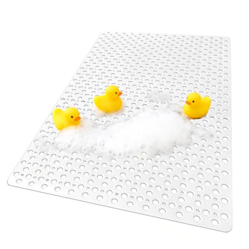 Extra Large Shower Mat, Yonala 47 x 32 Inch Non Slip Shower Mats for Inside Shower, Soft TPE Shower Floor Mat with Suction Cups and Drain Holes, Machine Washable Bathroom Shower Mat, Easy to Clean - color: White