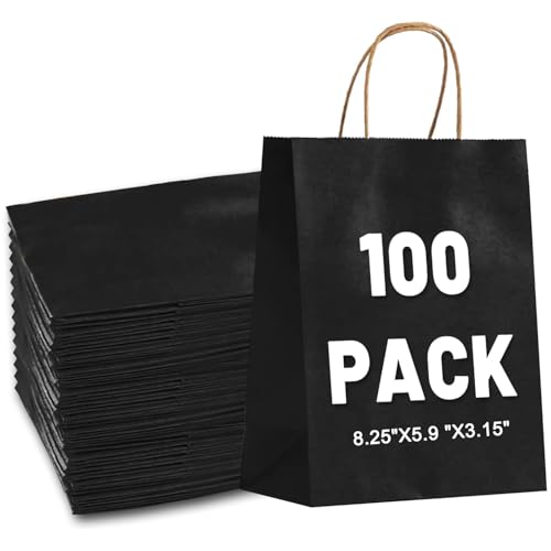 LIHOMR Gift Bags 5.9"x3.15"x8.25", 100pcs Kraft Paper Bag with Handles - color: Black, size: 8.25 x5.9x3.15 Inch (Pack of 100)