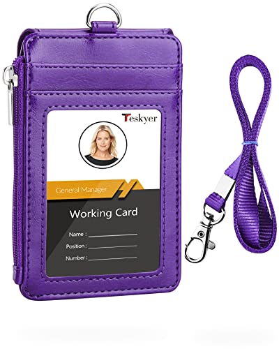 Teskyer Leather ID Badge Holder with Lanyard, Lanyard Wallet, Purple - color: Purple, size: 3.1" x 4.7"