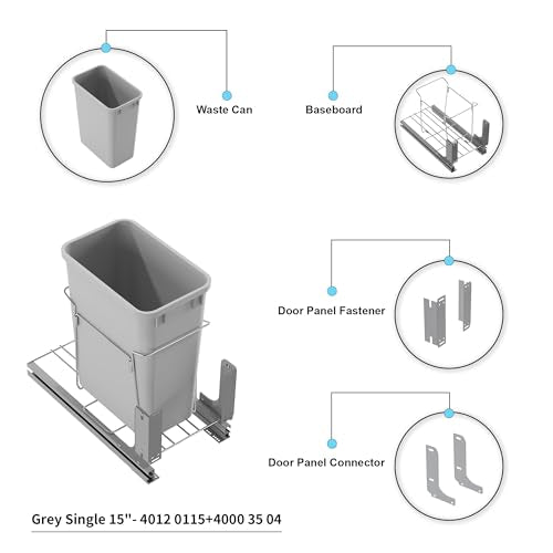 Dowell B15 Aluminum Base Wastebasket Pullout with Door Mount and 50Qt/13Gal Plastic Bin (4012 0115+50) - size: Single Pull-Out - 50Qt