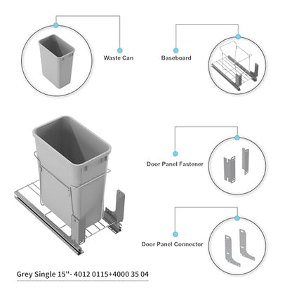 Dowell B15 Aluminum Base Wastebasket Pullout with Door Mount and 50Qt/13Gal Plastic Bin (4012 0115+50) - size: Single Pull-Out - 50Qt