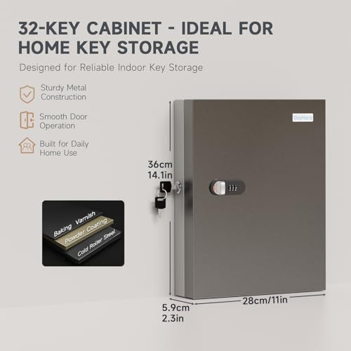 32 Key Lock Box Wall Mount, Steel Key Cabinet with Combination Lock & Key - size: 2.3inx11.3inx14.2in