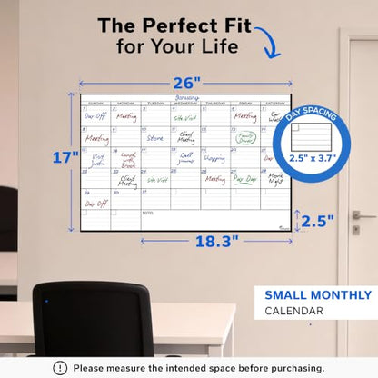 Small Dry Erase Calendar for Wall 17x26, Month Blank Kids Family Reusable Office, Classroom Schedule Monthly Planner Erasable Write, Rolled Whiteboard White Board, Calendar Dry Undated Erase for Wall - size: 26"W x 17"H
