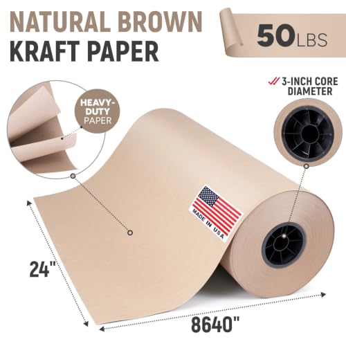 24" Paper Dispenser with Cutter + 50 lb Natural Brown Kraft Paper Roll - color: 1 Roll + Dispenser, size: 24" x 720' 50 Lb