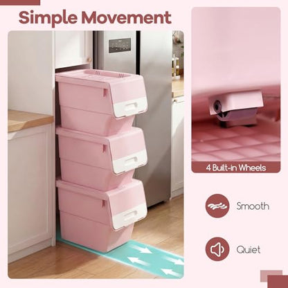 GIANTEX 6 Pack Plastic Stackable Storage Bins with Lids & Wheels, 35 QT - color: White + Pink, size: 6 Pack, 35 QT
