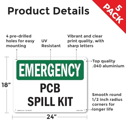 PCB Spill Kit OSHA Emergency Aluminum Sign 24 Inch x 18 Inch - 5 Pack - color: Aluminum, size: 5 Pack of 24" x 18"