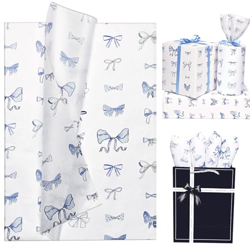 Denim Blue Bow Tissue Paper, Cute Cowgirl Gift Wrapping Tissue Paper for Gift Bags & Packaging, Vintage Western Gift Wrap for Birthday Wedding Holiday Baby Shower Art Craft Projects,30 Sheets 20x14 in - color: Blue/White
