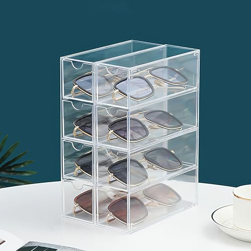 Acrylic Sunglasses Organizer with 4 Drawers - Clear Eyeglass Holder & Storage Case for Multiple Pairs, Jewelry, Makeup,Stackable Display Stand for Home, Office, Travel