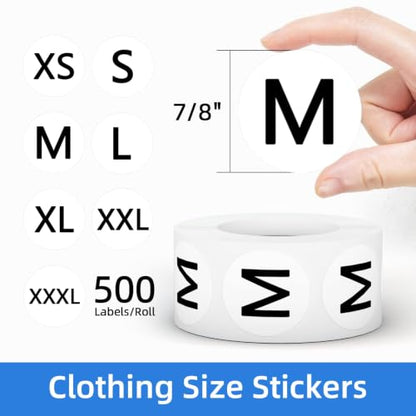 3500 PCS 7/8" Round Clothing Size Labels for Retail, 7 Sizes - color: Black on White