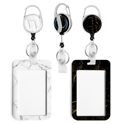 2 Pack Black&White Marble ID Badge Holder with Clip Badge Reels - color: 2 Pack-black&white Marble