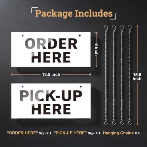 Order Here Sign 2PK Acrylic Hanging Order & Pick-Up Here Signs, 13.5" x 6" Two-Layer Design, Includes 4 Hooks, Durable Counter Signs for Café, Bakery, Restaurant, Pickup Station (White Background) - color: Black Text White Background