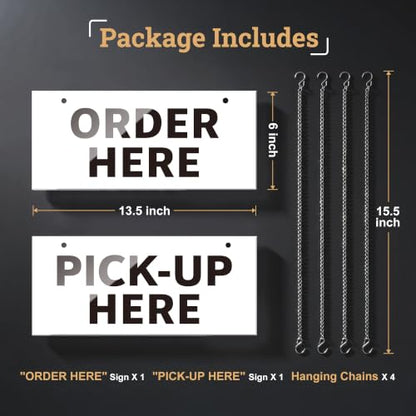 Order Here Sign 2PK Acrylic Hanging Order & Pick-Up Here Signs, 13.5" x 6" Two-Layer Design, Includes 4 Hooks, Durable Counter Signs for Café, Bakery, Restaurant, Pickup Station (White Background) - color: Black Text White Background