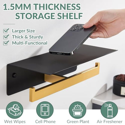 APLusee Double Toilet Paper Holder with Shelf, Black Gold, Wall Mounted - color: Black With Gold, size: Double Rod