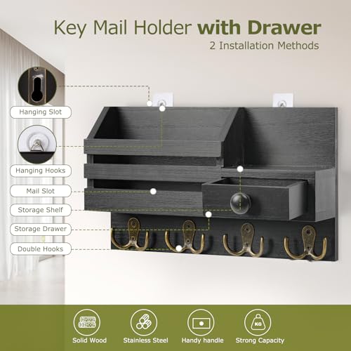 Key Holder Wall Mount, Wooden Key and Mail Organizer, Black - color: Black
