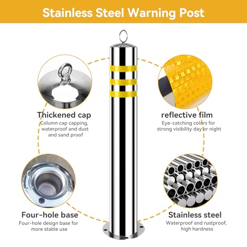 32" Safety Bollard with 16Ft Chains, Stainless, Reflective Tape, 8 Anchors - size: With Chain
