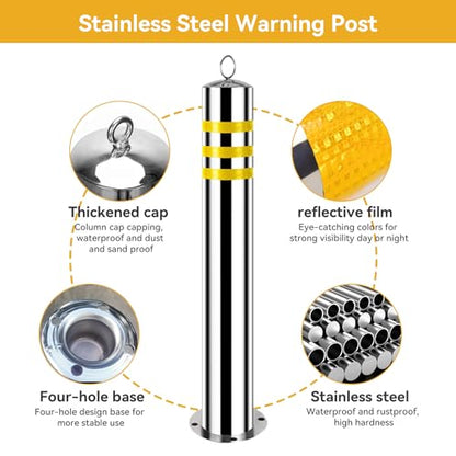 32" Safety Bollard with 16Ft Chains, Stainless, Reflective Tape, 8 Anchors - size: With Chain