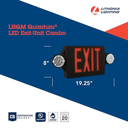 Lithonia Lighting LHQM Quantum LED Exit Sign/Emergency Light Combo, Exit Sign and Emergency Lights for Business, 2-Head Fixture, Red Letters, 180 Lumens, MVolt, 4 Watts, Black - color: Red (Black Housing), size: 19.25" | Sign & Round Light Combo