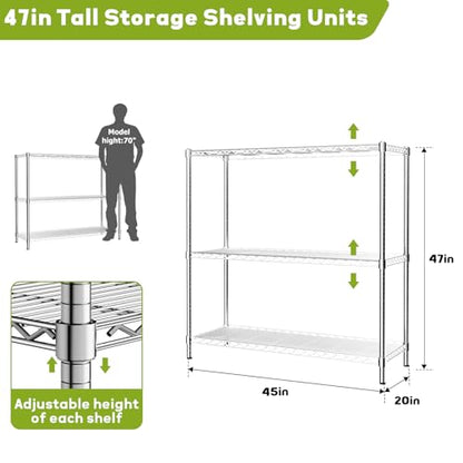 45" Small Wire Shelving Unit, 3-Tier Utility Storage Rack - color: Chrome, size: 45" L x 20" W x 47" H