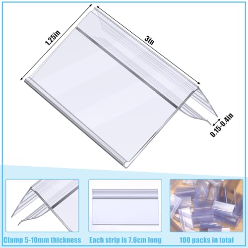 Qunclay 100 Pcs Glass Shelf Label Holders Clear Plastic Clip on for Wood