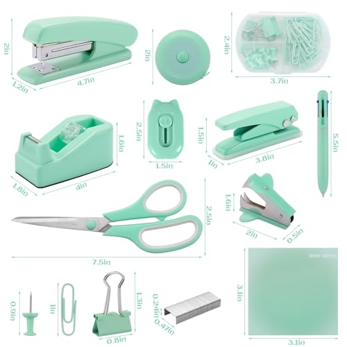 Green Desk Accessory Kit Cute Office Supplies Set Desktop Stapler Set Includes Staple Remover Hole Punch Tape Dispenser Ballpoint Pen Scissor Mini Box Cutter Tape Measure Paper Clips Sticky Notes - color: Green