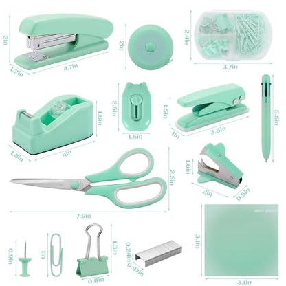 Green Desk Accessory Kit Cute Office Supplies Set Desktop Stapler Set Includes Staple Remover Hole Punch Tape Dispenser Ballpoint Pen Scissor Mini Box Cutter Tape Measure Paper Clips Sticky Notes - color: Green