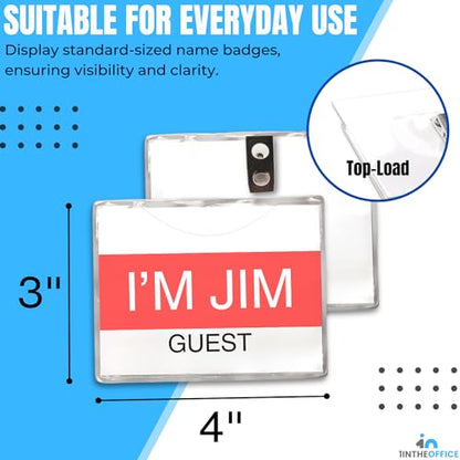 1InTheOffice Name Badge Holder with Clip 3x4, Clear Name Tag Holder and Metal Clips, Plastic, White Inserts, (50 Pack)