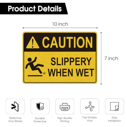 Slippery When Wet Sign, 10 x 7 Inch 2 Pack Caution Wet Floor Vinyl Sticker | Reflective Waterproof Warning Sign Decal, Fade Resistant Safety Sign for Commercial, Office, Warehouse, Restaurant