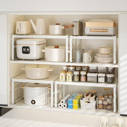 Expandable Kitchen Organizer Shelf, Cabinet Countertop Shelves - color: White