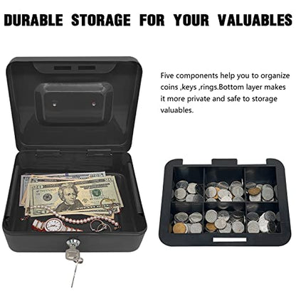 Steel Cash Box with Key Lock, Metal Small Money Organizer with Money Tray,Cash Storage Box with Lockable Cover (Black - 8 inch) - color: Black - 7.8" x 6.3" x 3.3"
