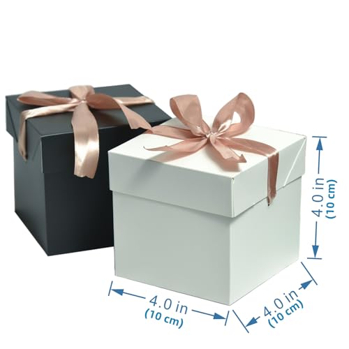 Gift Box with Lid & Ribbon for present, 12pcs, 4"×4"×4" - color: White & Black, size: 4 x 4 x 4 Inch
