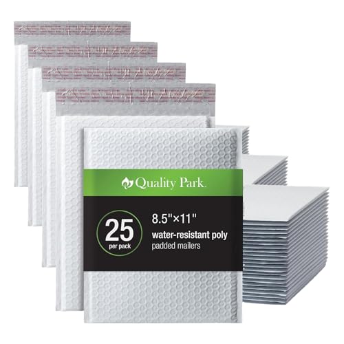 Quality Park Bubble Mailers,8.25 x 11 Shipping Envelopes,Water Resistant White Poly Padded Envelopes,Redi-Strip Peel Off Closure,25/Box (QUA85859),(Pack of 4) - color: White, size: One Size (Pack of 4)