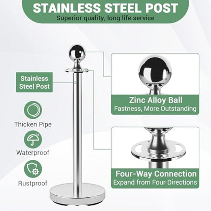 4 Pcs Commercial Stainless Steel Stanchion Posts with 2x5ft Red Velvet Ropes, Quick Setup, Crowd Control Posts and Ropes, Event Barrier with Hollow Base for Queue/Party/Red Carpet