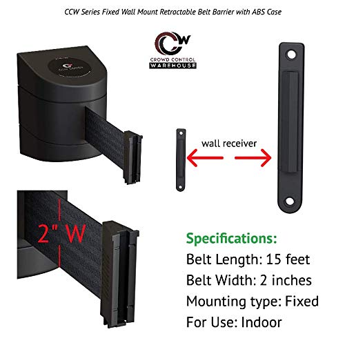 Crowd Control Warehouse Fixed Wall Mount Retractable Belt Barrier, 15 Foot - color: Black with White Horizontal Stripe, size: Black