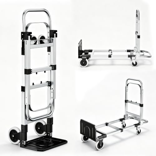 3 in 1 Folding Hand Truck, 600lbs Capacity, Heavy Duty Convertible Dolly with Retractable Handle and 4 Rubber Wheels, Collapsible Cart for Moving Home, Office, Warehouse - Silver - color: Silver-600